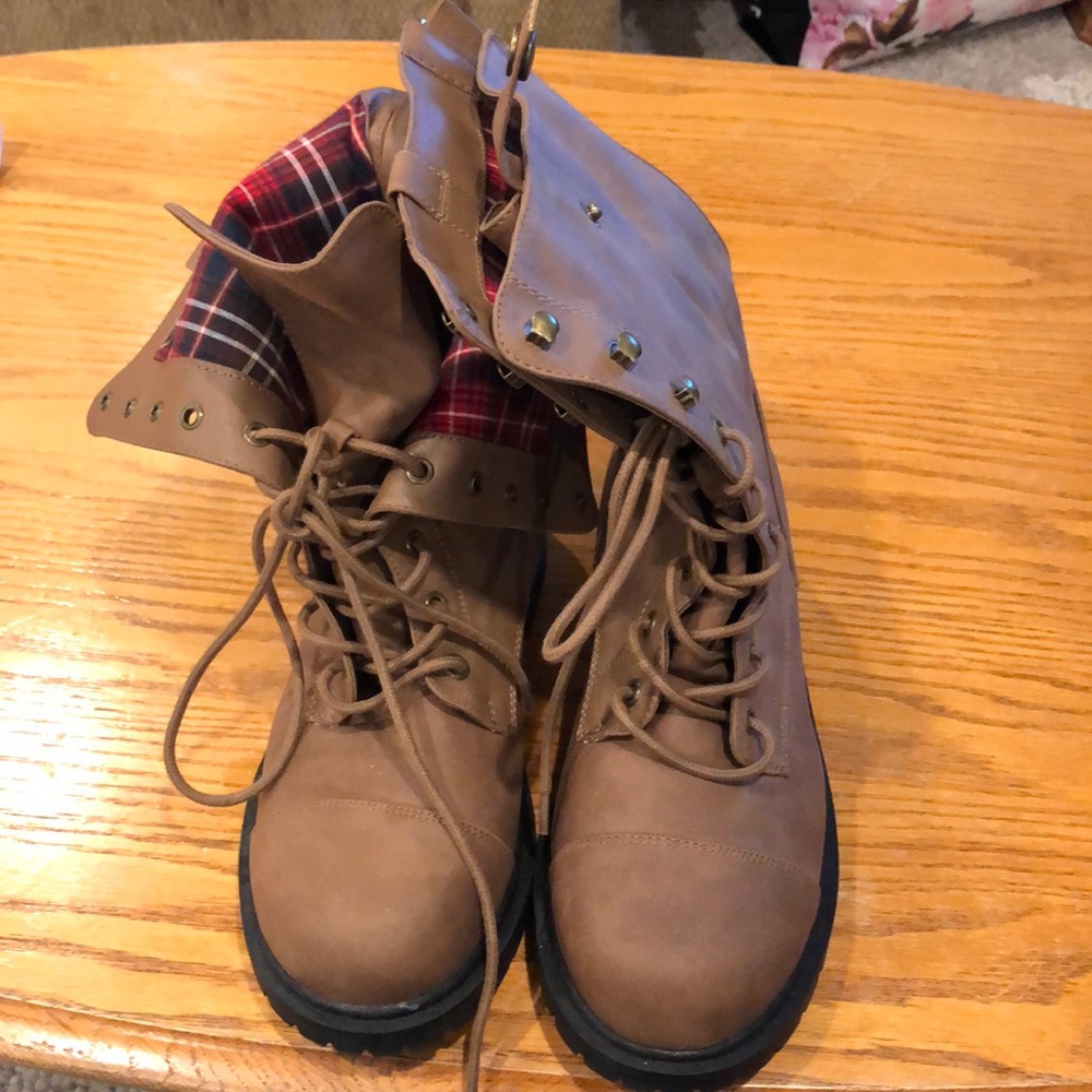 Torrid Brown Combat Boots with Red Plaid Lining